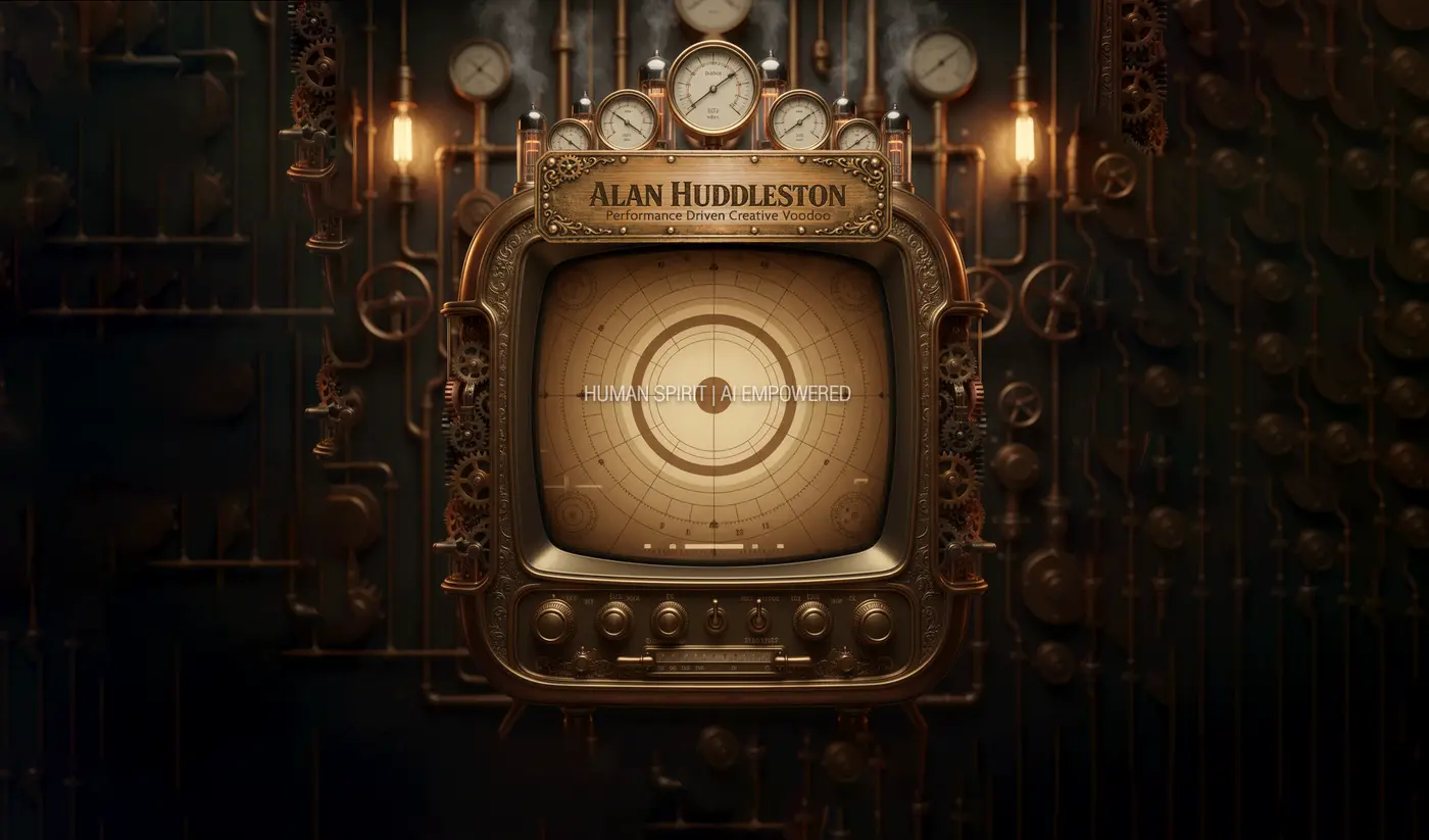 A steampunk brass control panel with a name plaque reading Alan Huddleston, Performance Driven Creative Voodoo, a row of pressure gauges on top and a screen in the center reading Human Spirit | AI Empowered.